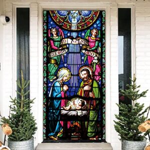 Holy Nativity Christmas Door Cover Manger Scene Religious Christmas Door Banner Backdrop Large Religious Christmas Decoration Large Xmas Door Sign Banner Jesus Nativity Backdrop 6.6 x 3.0 ft