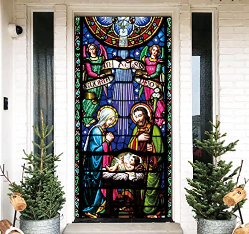 Holy Nativity Christmas Door Cover Manger Scene Religious Christmas Door Banner Backdrop Large Religious Christmas Decoration Large Xmas Door Sign Banner Jesus Nativity Backdrop 6.6 x 3.0 ft