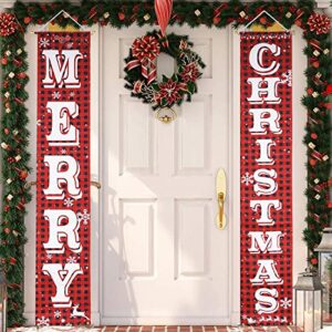 keriqi merry christmas porch sign, buffalo plaid christmas banner for front door fireplace thanksgiving new year holiday decorations (merry christmas)