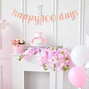 Rose Gold Happy 100 Days Banner, Kid's 100 Days Celebration,100th Day of School - Happy 100 Days Decorations - 100 Days Theme Party Decoration