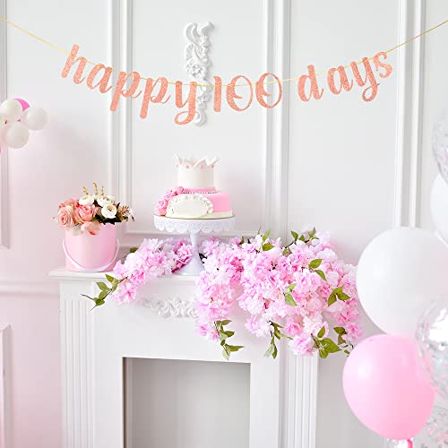 Rose Gold Happy 100 Days Banner, Kid's 100 Days Celebration,100th Day of School - Happy 100 Days Decorations - 100 Days Theme Party Decoration