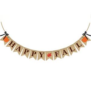 erkoon happy fall burlap banner happy fall sign pumpkin flag rustic natural fall harvest banner for autumn home party school party decoration