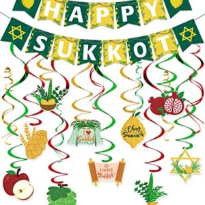 Mosailles Happy Sukkot Hanging Swirls Banner Decorations kit Etrog and Lulav outdoor pre-assembled Sukkah Decor Holiday Party Decor Supplies