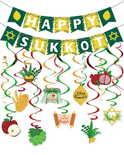 Mosailles Happy Sukkot Hanging Swirls Banner Decorations kit Etrog and Lulav outdoor pre-assembled Sukkah Decor Holiday Party Decor Supplies