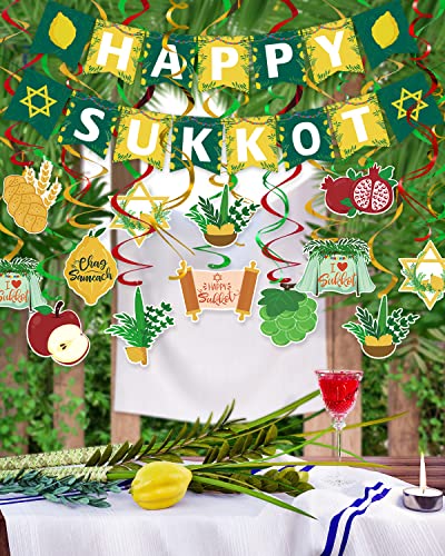 Mosailles Happy Sukkot Hanging Swirls Banner Decorations kit Etrog and Lulav outdoor pre-assembled Sukkah Decor Holiday Party Decor Supplies
