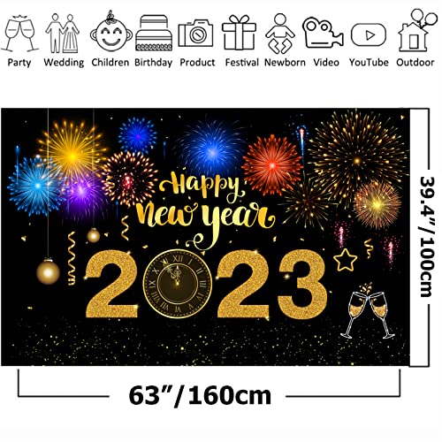 Happy New Year 2023 Banner Backdrop Decorations New Year's Eve Background Banner, Fireworks Happy New Year Decorations NYE 2023 Decor