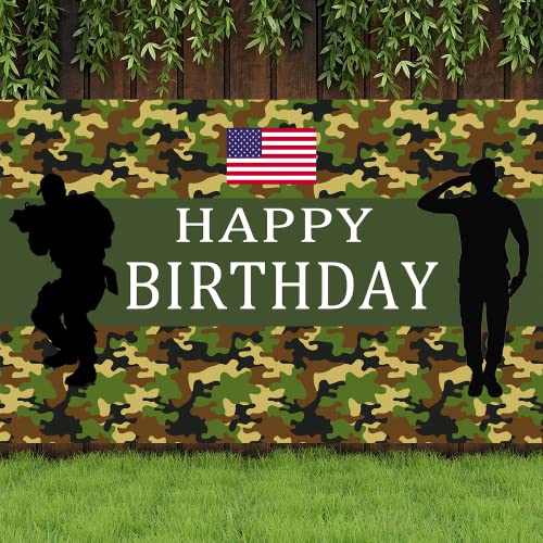 4x6FT American Flag Military Theme Happy Birthday Backdrop Banner,Patriotic Military Theme Birthday Photography Banner for US Army/NAVY/AIR FORCE/Policeman Birthday Party Decor