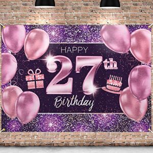 pakboom happy 27th birthday banner backdrop – 27 birthday party decorations supplies for women her – pink purple gold 4 x 6ft