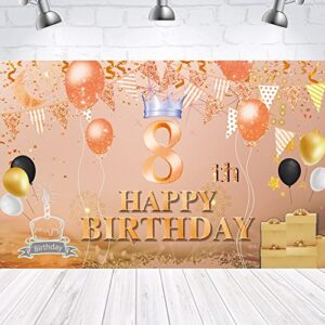 happy 8th birthday backdrop banner rose gold 8th sign poster 8 birthday party supplies for anniversary photo booth photography background birthday party decorations, 72.8 x 43.3 inch