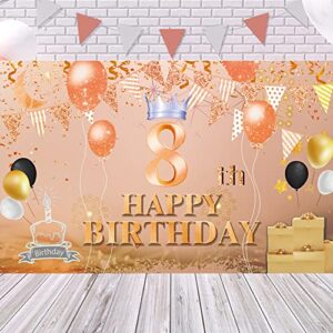 Happy 8th Birthday Backdrop Banner Rose Gold 8th Sign Poster 8 Birthday Party Supplies for Anniversary Photo Booth Photography Background Birthday Party Decorations, 72.8 x 43.3 Inch