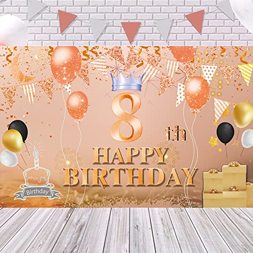 Happy 8th Birthday Backdrop Banner Rose Gold 8th Sign Poster 8 Birthday Party Supplies for Anniversary Photo Booth Photography Background Birthday Party Decorations, 72.8 x 43.3 Inch