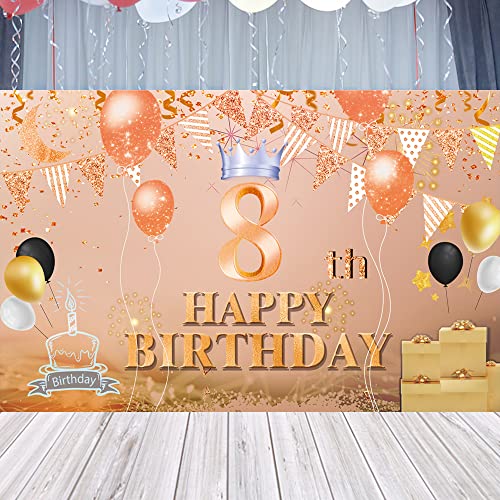 Happy 8th Birthday Backdrop Banner Rose Gold 8th Sign Poster 8 Birthday Party Supplies for Anniversary Photo Booth Photography Background Birthday Party Decorations, 72.8 x 43.3 Inch