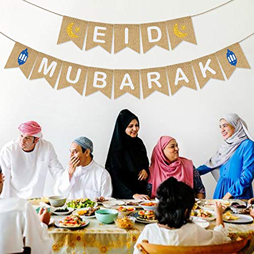 Eid Mubarak Banner Burlap - Eid Mubarak Decoration - Eid Mubarak Party Supplies - Rustic Eid Mubarak Banner Bunting for Mantle Fireplace - Eid Mubarak Outdoor Indoor Hanging Decor