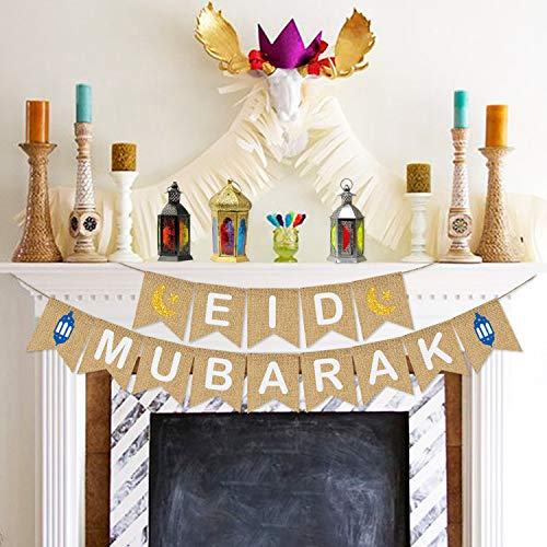 Eid Mubarak Banner Burlap - Eid Mubarak Decoration - Eid Mubarak Party Supplies - Rustic Eid Mubarak Banner Bunting for Mantle Fireplace - Eid Mubarak Outdoor Indoor Hanging Decor