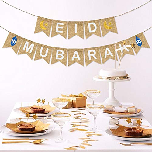 Eid Mubarak Banner Burlap - Eid Mubarak Decoration - Eid Mubarak Party Supplies - Rustic Eid Mubarak Banner Bunting for Mantle Fireplace - Eid Mubarak Outdoor Indoor Hanging Decor