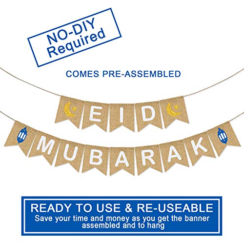 Eid Mubarak Banner Burlap - Eid Mubarak Decoration - Eid Mubarak Party Supplies - Rustic Eid Mubarak Banner Bunting for Mantle Fireplace - Eid Mubarak Outdoor Indoor Hanging Decor