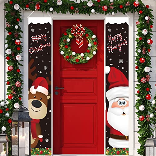 Christmas Front Porch Banner Merry Christmas Door Banner Outdoor Santa Clause Reindeer Xmas Hanging Sign for Outside Porch Wall Christmas Wall Decoration (Black)