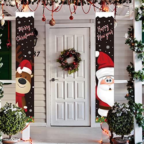 Christmas Front Porch Banner Merry Christmas Door Banner Outdoor Santa Clause Reindeer Xmas Hanging Sign for Outside Porch Wall Christmas Wall Decoration (Black)