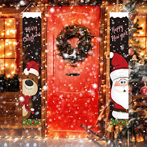 Christmas Front Porch Banner Merry Christmas Door Banner Outdoor Santa Clause Reindeer Xmas Hanging Sign for Outside Porch Wall Christmas Wall Decoration (Black)