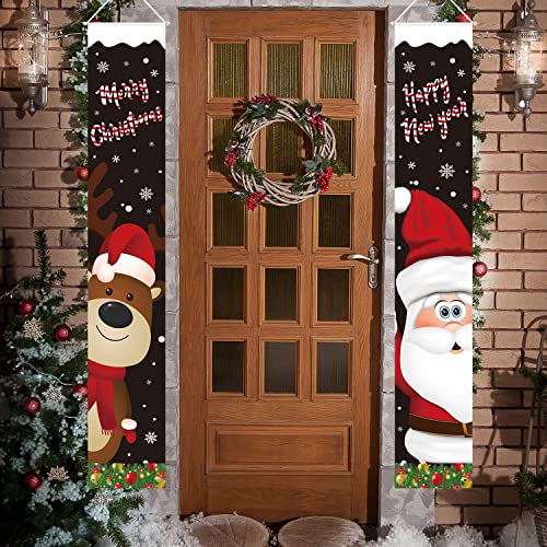 Christmas Front Porch Banner Merry Christmas Door Banner Outdoor Santa Clause Reindeer Xmas Hanging Sign for Outside Porch Wall Christmas Wall Decoration (Black)