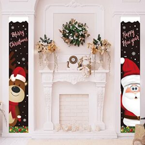 Christmas Front Porch Banner Merry Christmas Door Banner Outdoor Santa Clause Reindeer Xmas Hanging Sign for Outside Porch Wall Christmas Wall Decoration (Black)