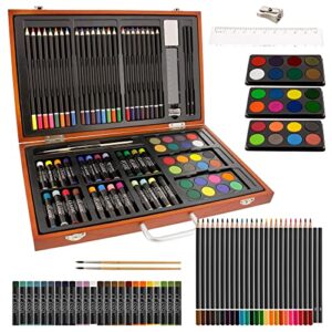 U.S. Art Supply 82-Piece Deluxe Artist Studio Creativity Set Wood Box Case - Art Painting, Sketching Drawing Set, 24 Watercolor Paint Colors, 24 Oil Pastels, 24 Colored Pencils, 2 Brushes, Starter Kit