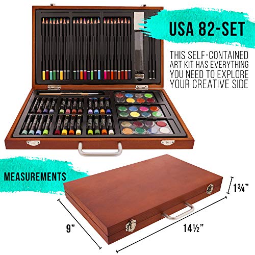 U.S. Art Supply 82-Piece Deluxe Artist Studio Creativity Set Wood Box Case - Art Painting, Sketching Drawing Set, 24 Watercolor Paint Colors, 24 Oil Pastels, 24 Colored Pencils, 2 Brushes, Starter Kit