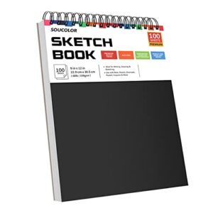 soucolor 9″ x 12″ sketch book, 1-pack 100 sheets spiral bound art sketchbook, acid free (68lb/100gsm) artist drawing book paper painting sketching pad