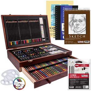 u.s. art supply 162-piece deluxe mega wood box art painting and drawing set – artist painting pad, 2 sketch pads, 24 watercolor paint colors, 24 oil pastels, 24 colored pencils, 60 crayons, 2 brushes