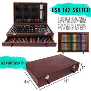 U.S. Art Supply 162-Piece Deluxe Mega Wood Box Art Painting and Drawing Set - Artist Painting Pad, 2 Sketch Pads, 24 Watercolor Paint Colors, 24 Oil Pastels, 24 Colored Pencils, 60 Crayons, 2 Brushes