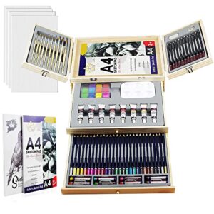 deluxe art supplies, 88 pieces art set in portable wooden case, with 2 drawing books and 4 canvas panels, professional art set for painting & drawing, art kit for kids, teens and adults/gift