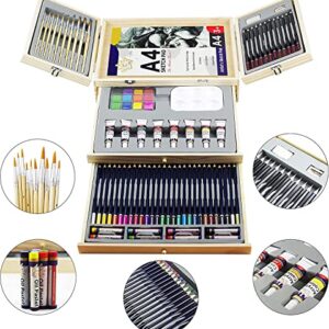 Deluxe Art Supplies, 88 Pieces Art Set in Portable Wooden Case, with 2 Drawing Books and 4 Canvas Panels, Professional Art Set for Painting & Drawing, Art Kit for Kids, Teens and Adults/Gift