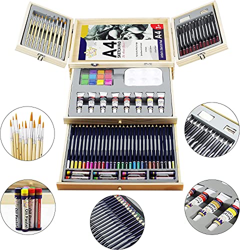 Deluxe Art Supplies, 88 Pieces Art Set in Portable Wooden Case, with 2 Drawing Books and 4 Canvas Panels, Professional Art Set for Painting & Drawing, Art Kit for Kids, Teens and Adults/Gift