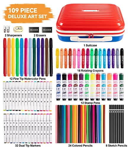 POPYOLA 109-Piece Deluxe Art Set in a Carring Luggage Case Drawing Painting Kit, Creative Gift Box for Kids Teens Adults Artist Beginners, Art Kit, Art Supplies