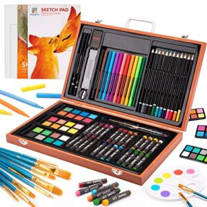 popyola art supplies 94 piece wooden paint set for painting, sketching, coloring creative portable art kit with colored pencils, oil pastels, watercolor cakes art set for teens, adults (brown)