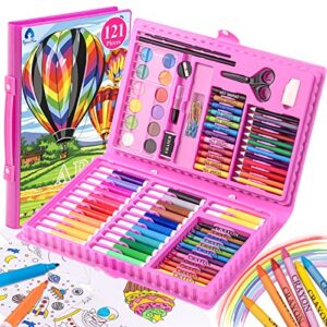 vigorfun art kit, drawing painting art supplies for kids girls boys teens, gifts art set case includes oil pastels, crayons, colored pencils, watercolor cakes (pink)