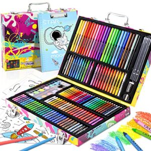 art supplies, popyola 180-piece deluxe art set, drawing painting coloring kit with clipboard, pastels, crayons, pencils, watercolors, drawing papers, arts and crafts gift case for kids girls boys