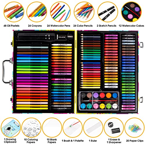 Art Supplies, POPYOLA 180-Piece Deluxe Art Set, Drawing Painting Coloring Kit with Clipboard, Pastels, Crayons, Pencils, Watercolors, Drawing Papers, Arts and Crafts Gift Case for Kids Girls Boys