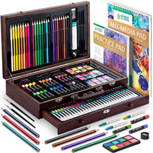 norberg & linden art supplies, xxl144 art set in deluxe wooden box with drawer includes crayons, oil pastels, watercolor paints, colored pencils, sharpener, sketch pad for adults and kids