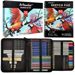 artownlar 72 pack drawing sketching set with 8×11 sketchbook | pro art supplies kit for artist adults teens beginners | video tutorial,charcoal, watercolor & metallic colored pencils in gift case