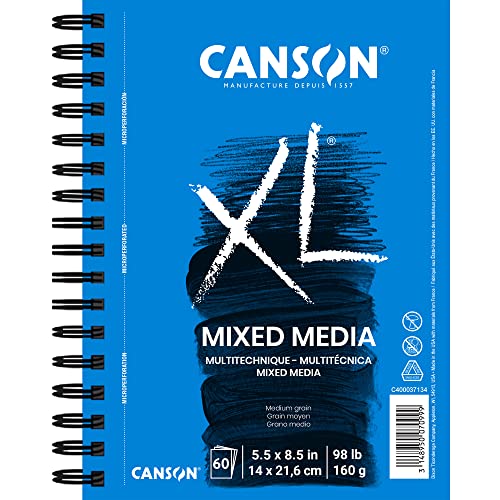 Canson XL Series Mix Paper Pad, Heavyweight, Fine Texture, Heavy Sizing for Wet or Dry Media, Side Wire Bound, 98 Pound, 5.5 x 8.5 in, 60 Sheets, 5.5"X8.5"