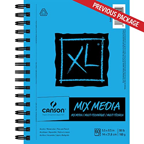 Canson XL Series Mix Paper Pad, Heavyweight, Fine Texture, Heavy Sizing for Wet or Dry Media, Side Wire Bound, 98 Pound, 5.5 x 8.5 in, 60 Sheets, 5.5"X8.5"