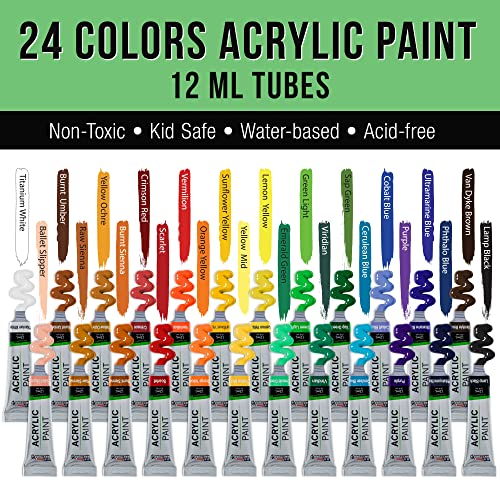 U.S. Art Supply 60-Piece Deluxe Artist Acrylic Painting Set with Aluminum Tabletop Easel, 24 Acrylic Paint Colors, 22 Brushes, 2 Stretched Canvases, 3 Canvas Panels, Paint Palette Knives Painting Pad