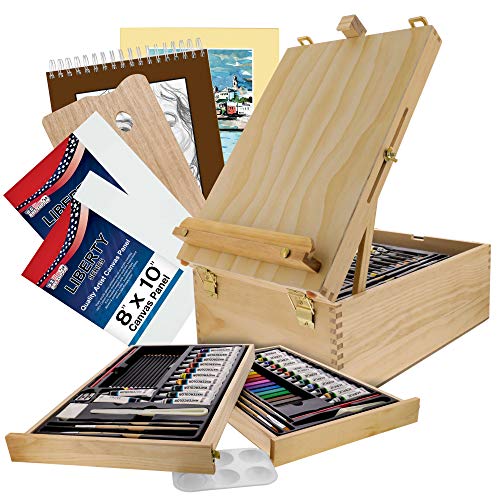 U.S. Art Supply 95 Piece Wood Box Easel Painting Set - Oil, Acrylic, Watercolor Paint Colors and Painting Brushes, Oil Artist Pastels, Pencils - Watercolor, Sketch Paper Pads - Canvas, Palette, Knifes