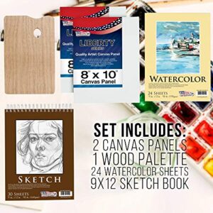 U.S. Art Supply 95 Piece Wood Box Easel Painting Set - Oil, Acrylic, Watercolor Paint Colors and Painting Brushes, Oil Artist Pastels, Pencils - Watercolor, Sketch Paper Pads - Canvas, Palette, Knifes