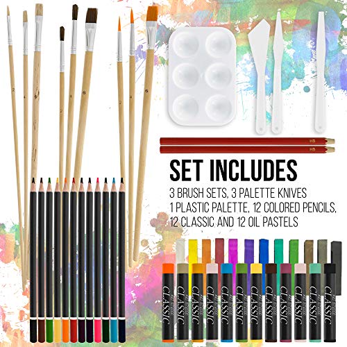 U.S. Art Supply 95 Piece Wood Box Easel Painting Set - Oil, Acrylic, Watercolor Paint Colors and Painting Brushes, Oil Artist Pastels, Pencils - Watercolor, Sketch Paper Pads - Canvas, Palette, Knifes