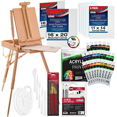 U.S. Art Supply 62-Piece Artist Acrylic Painting Set with Coronado French Style Sketch Box Easel, 24 Acrylic Paint Colors, 22 Brushes, 2 Stretched Canvases, 6 Canvas Panels, 2 Paint Palettes, 5 Knives