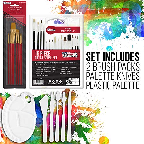 U.S. Art Supply 62-Piece Artist Acrylic Painting Set with Coronado French Style Sketch Box Easel, 24 Acrylic Paint Colors, 22 Brushes, 2 Stretched Canvases, 6 Canvas Panels, 2 Paint Palettes, 5 Knives