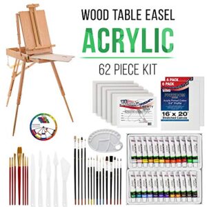 U.S. Art Supply 62-Piece Artist Acrylic Painting Set with Coronado French Style Sketch Box Easel, 24 Acrylic Paint Colors, 22 Brushes, 2 Stretched Canvases, 6 Canvas Panels, 2 Paint Palettes, 5 Knives