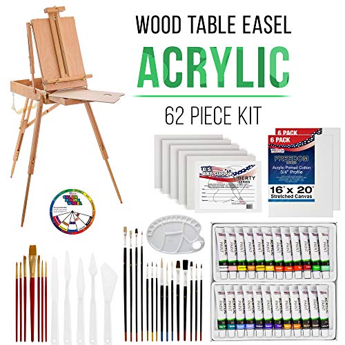 U.S. Art Supply 62-Piece Artist Acrylic Painting Set with Coronado French Style Sketch Box Easel, 24 Acrylic Paint Colors, 22 Brushes, 2 Stretched Canvases, 6 Canvas Panels, 2 Paint Palettes, 5 Knives